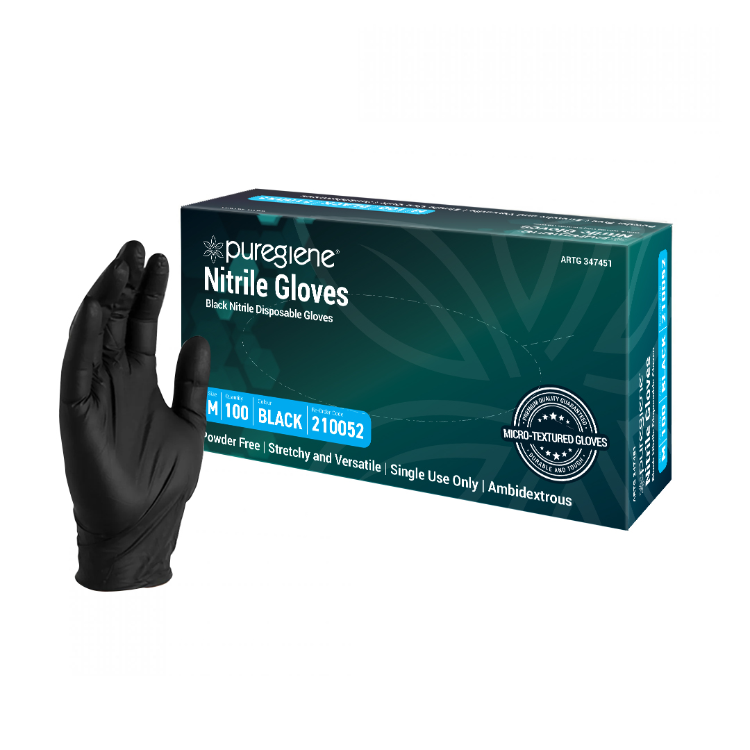 Puregiene Nitrile Gloves Powder Free Black Medium Box 100