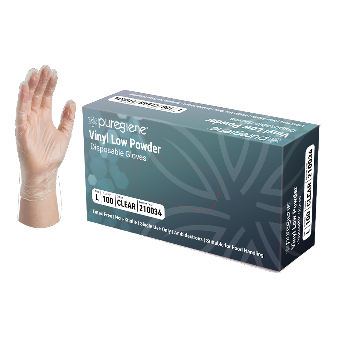 Puregiene® Low Powder Clear Vinyl Gloves Large Box 100