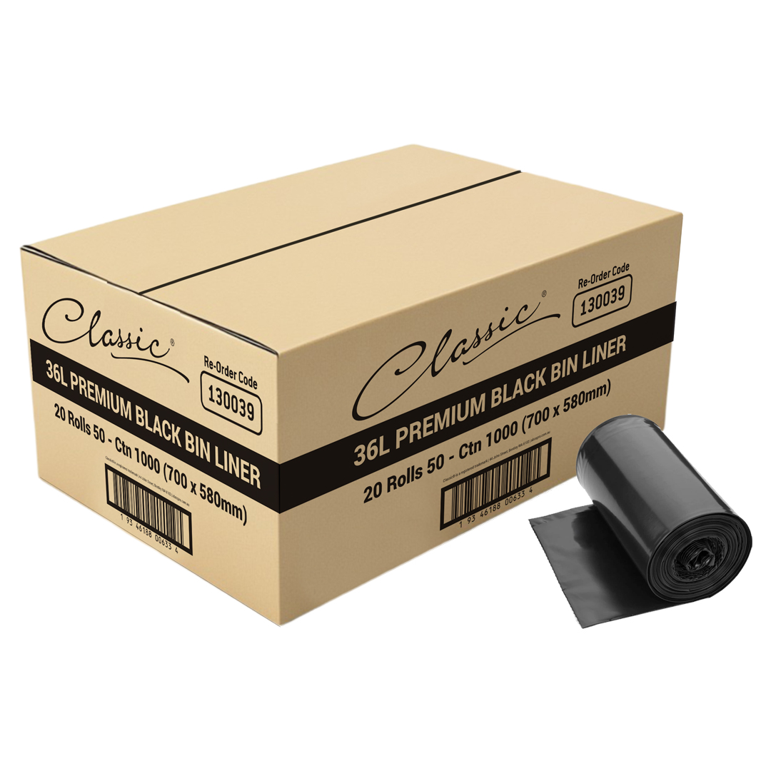 Classic® Bin Liners Black Rolls 36L Carton 1000