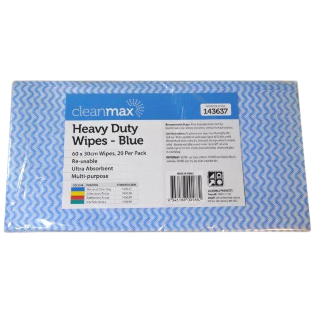 Cleanmax Heavy Duty Wipes Blue 60cm x 30cm Pack 20